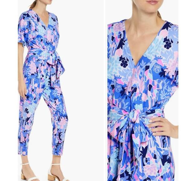 LILLY PULITZER Maliah Tie Waist Jumpsuit In Iris Blue Giraffic Park Size Small - Picture 1 of 13